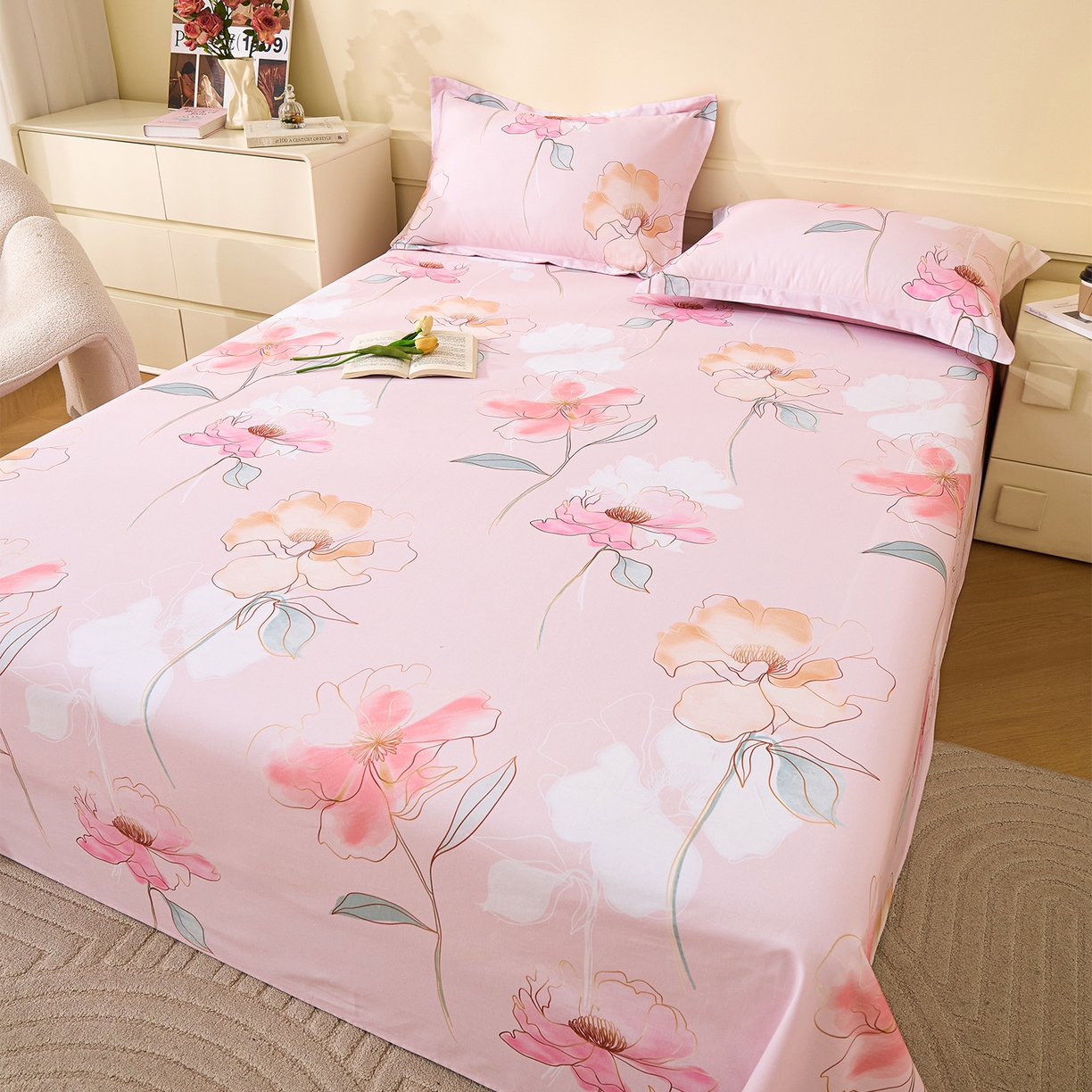 91家纺网 家纺一手货源 找家纺 元元家居（元元被业） 2025秋冬新款全棉纯棉磨毛印花单床单 光韵花季