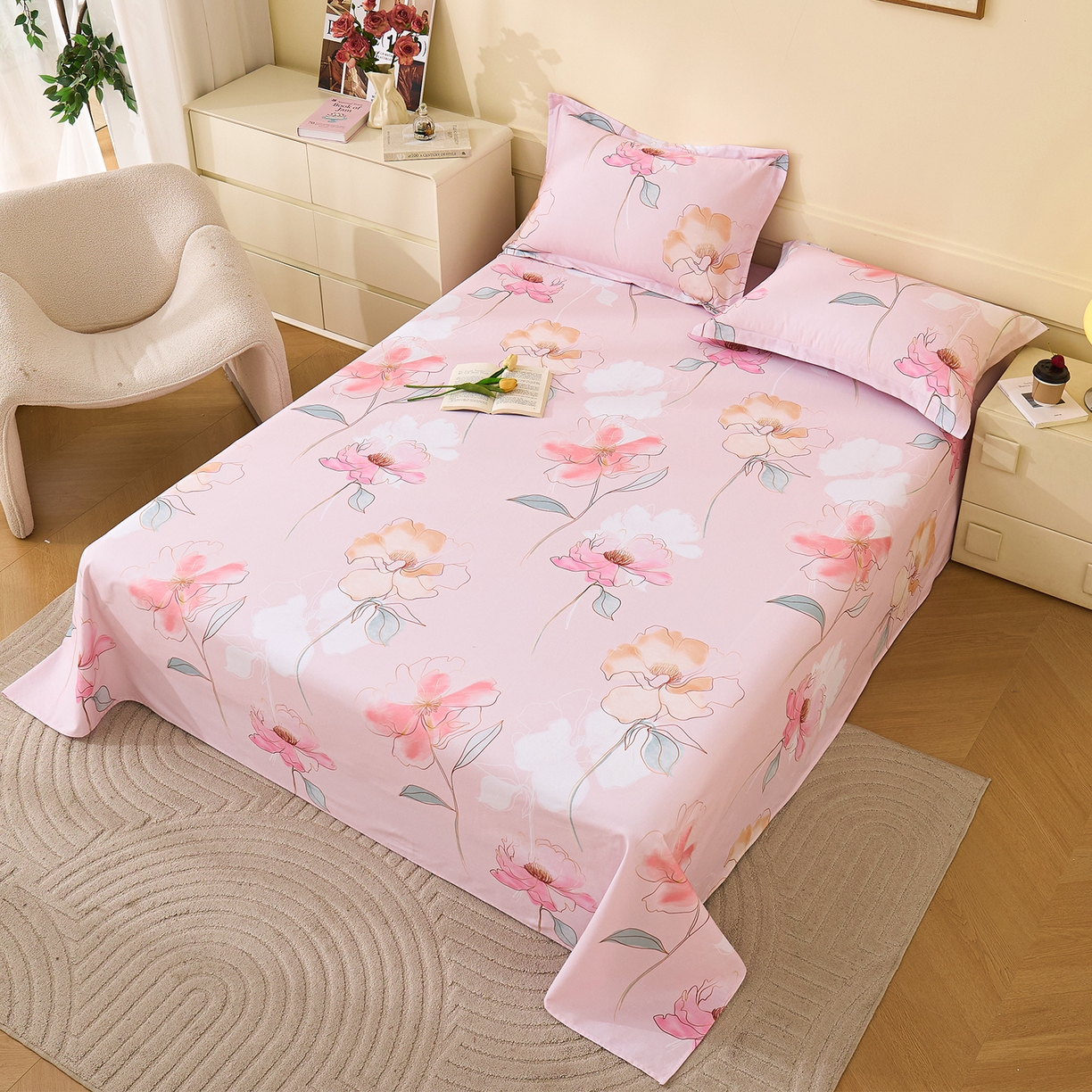 91家纺网 家纺一手货源 找家纺 元元家居（元元被业） 2025秋冬新款全棉纯棉磨毛印花单床单 光韵花季