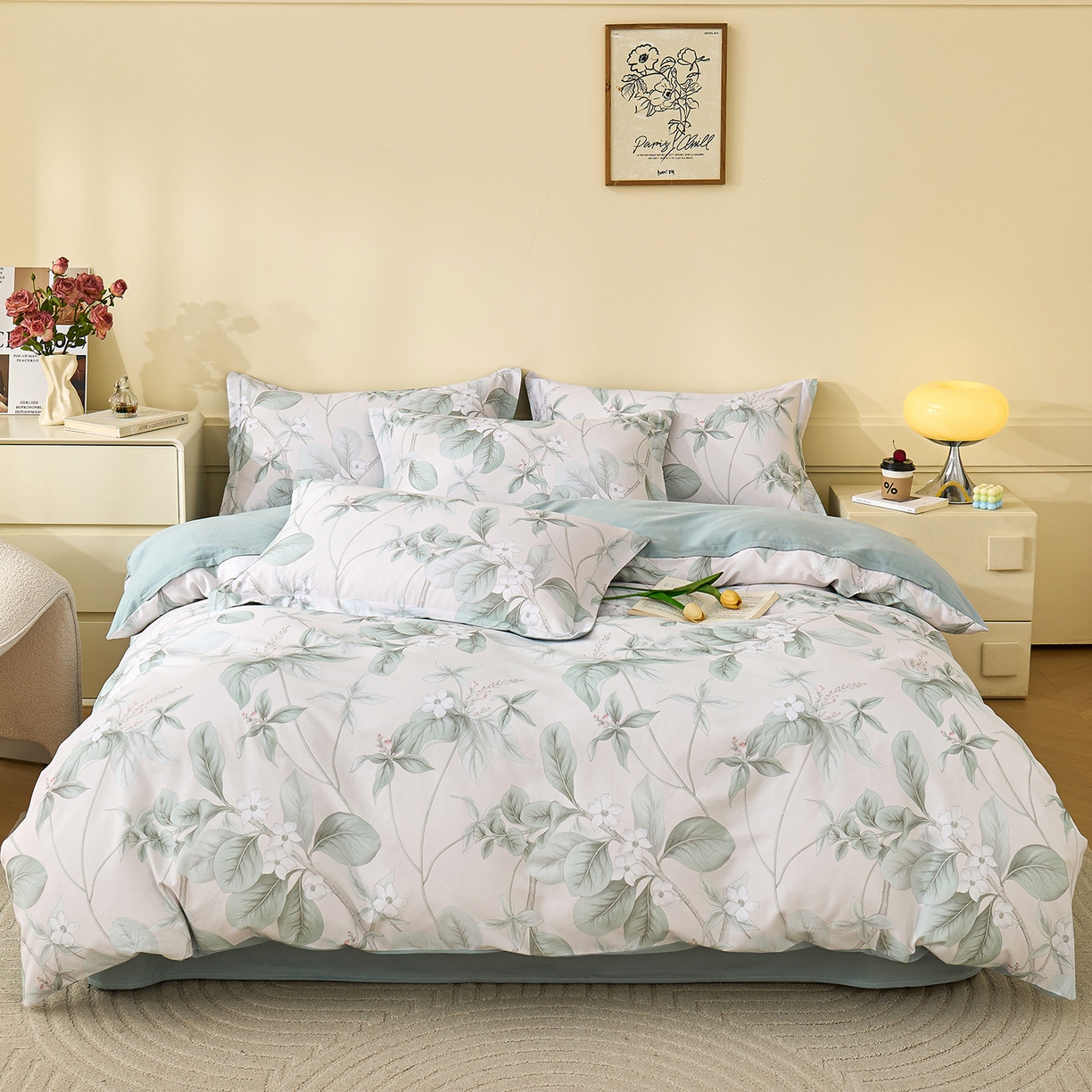 91家纺网 家纺一手货源 找家纺 元元家居（元元被业） 2025秋冬新款全棉纯棉磨毛印花四件套 落叶白霜