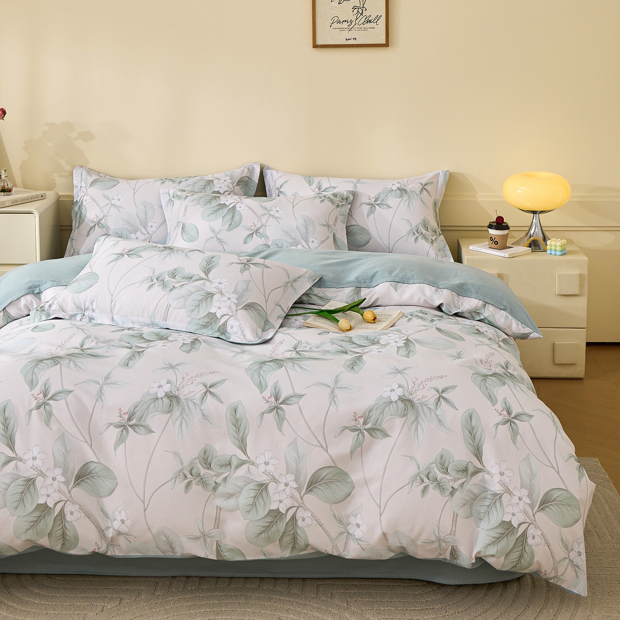 91家纺网 家纺一手货源 找家纺 元元家居（元元被业） 2025秋冬新款全棉纯棉磨毛印花四件套 落叶白霜