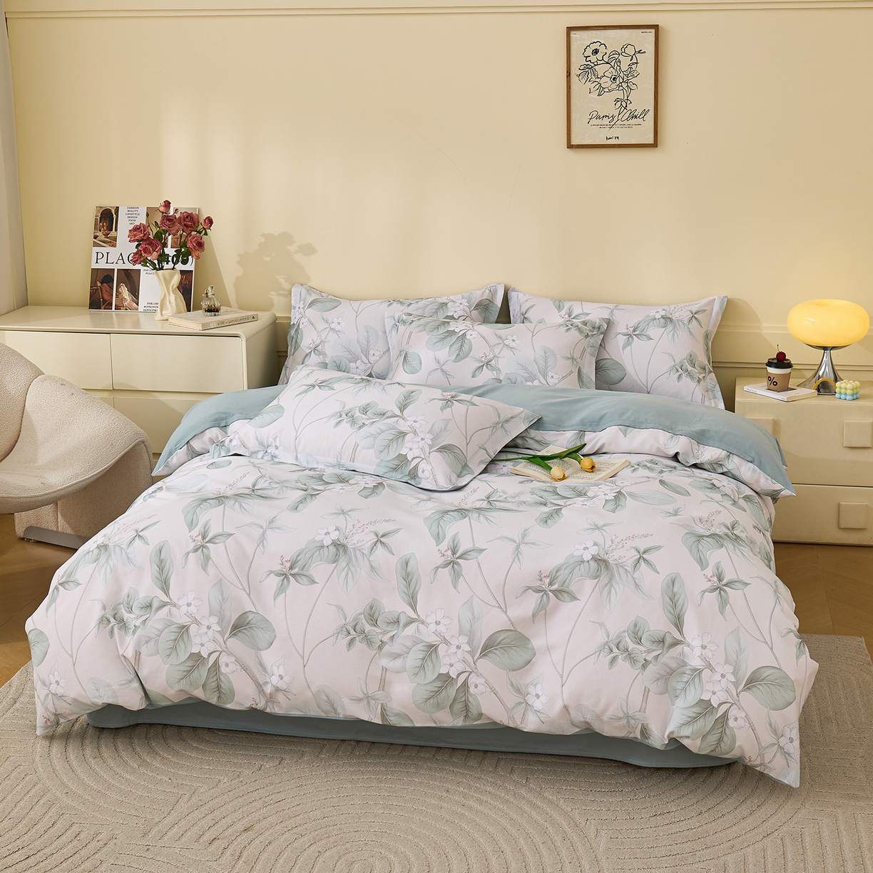 91家纺网 家纺一手货源 找家纺 元元家居（元元被业） 2025秋冬新款全棉纯棉磨毛印花四件套 落叶白霜