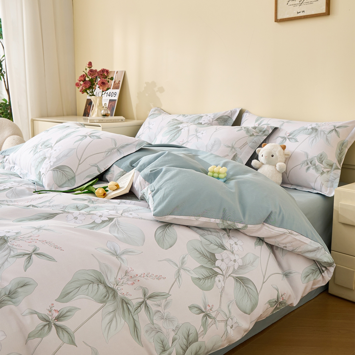 91家纺网 家纺一手货源 找家纺 元元家居（元元被业） 2025秋冬新款全棉纯棉磨毛印花四件套 落叶白霜