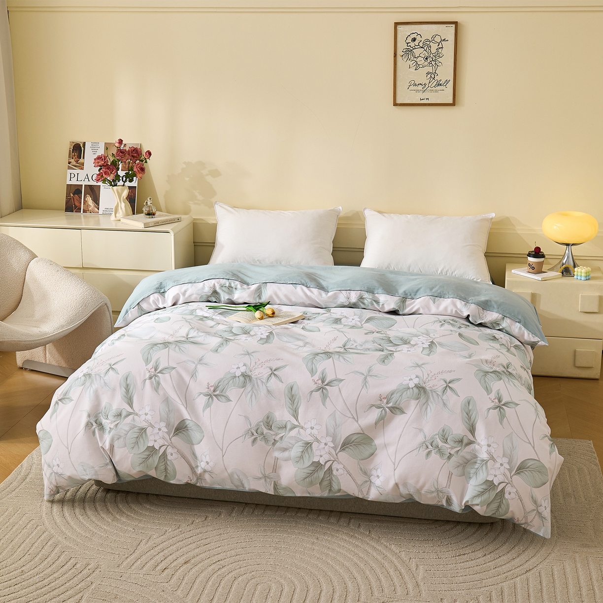 91家纺网 家纺一手货源 找家纺 元元家居（元元被业） 2025秋冬新款全棉纯棉磨毛印花四件套 落叶白霜