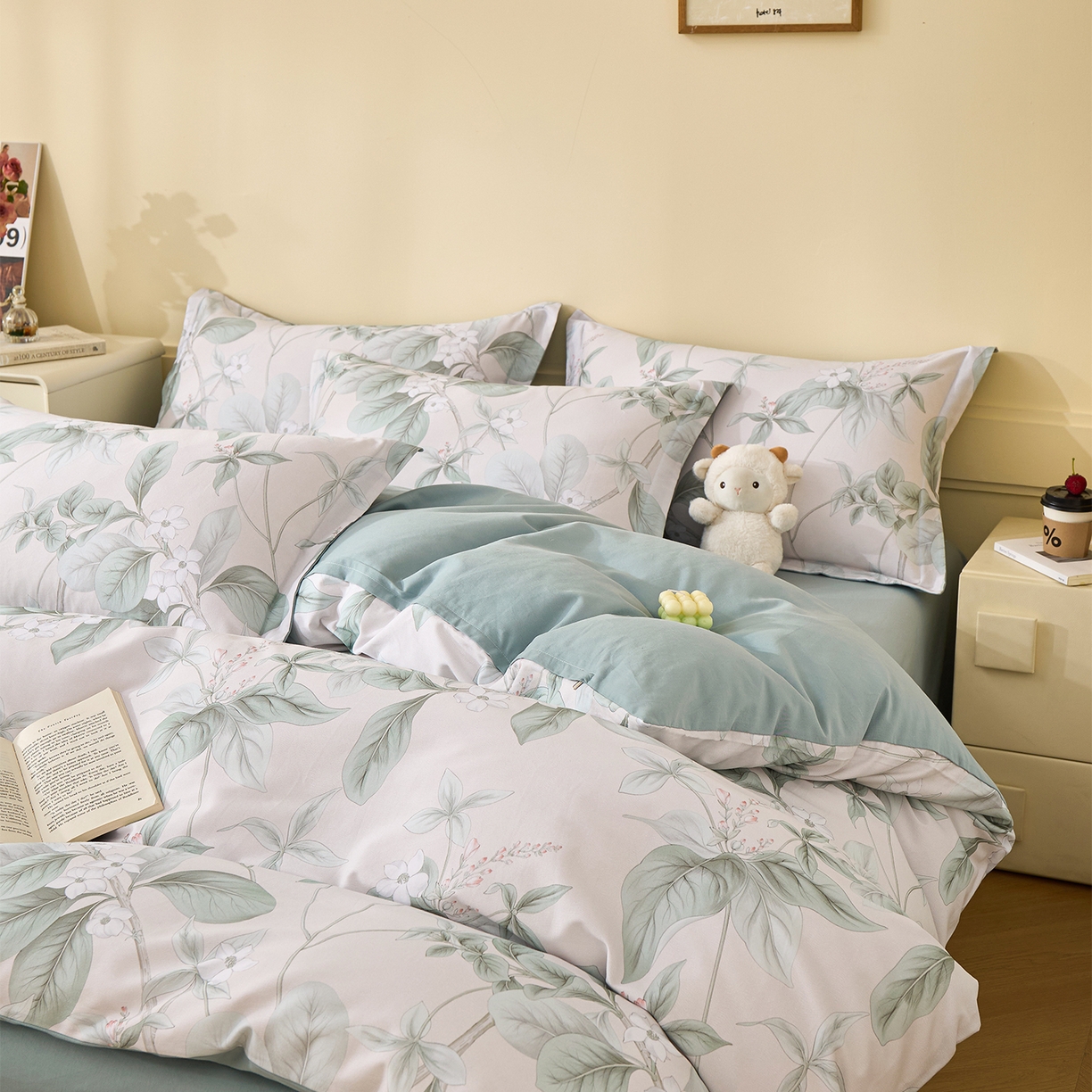 91家纺网 家纺一手货源 找家纺 元元家居（元元被业） 2025秋冬新款全棉纯棉磨毛印花四件套 落叶白霜