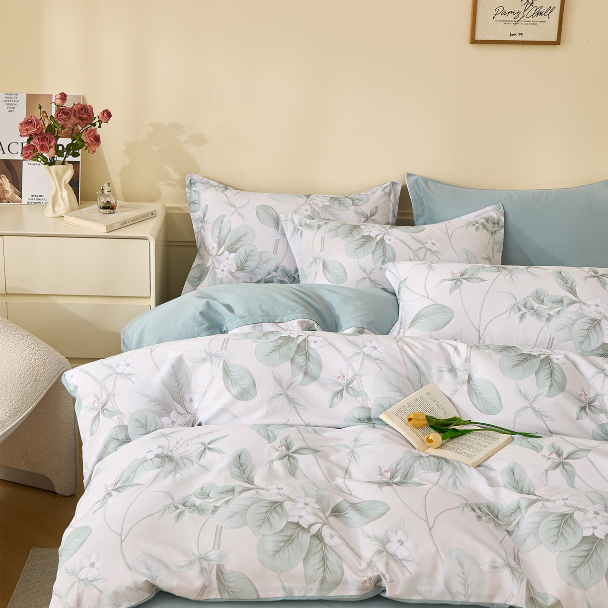 91家纺网 家纺一手货源 找家纺 元元家居（元元被业） 2025秋冬新款全棉纯棉磨毛印花四件套 落叶白霜