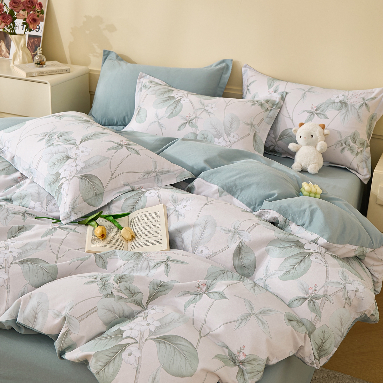 91家纺网 家纺一手货源 找家纺 元元家居（元元被业） 2025秋冬新款全棉纯棉磨毛印花四件套 落叶白霜