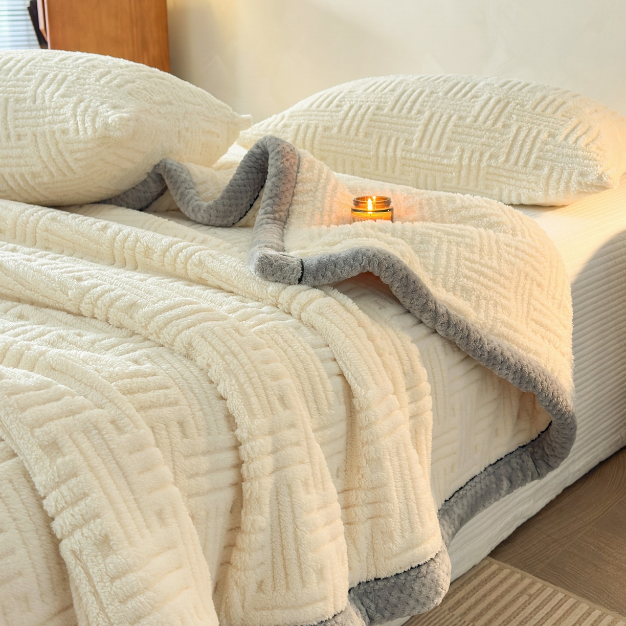 91家纺网 家纺一手货源 找家纺 欧邦 2025新款A类提花舒棉绒双面绒单层毯 暖米杏