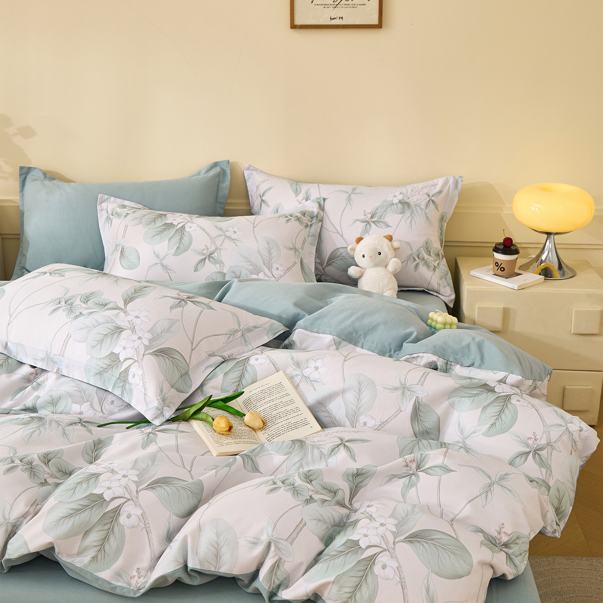 91家纺网 家纺一手货源 找家纺 元元家居（元元被业） 2025秋冬新款全棉纯棉磨毛印花四件套 落叶白霜