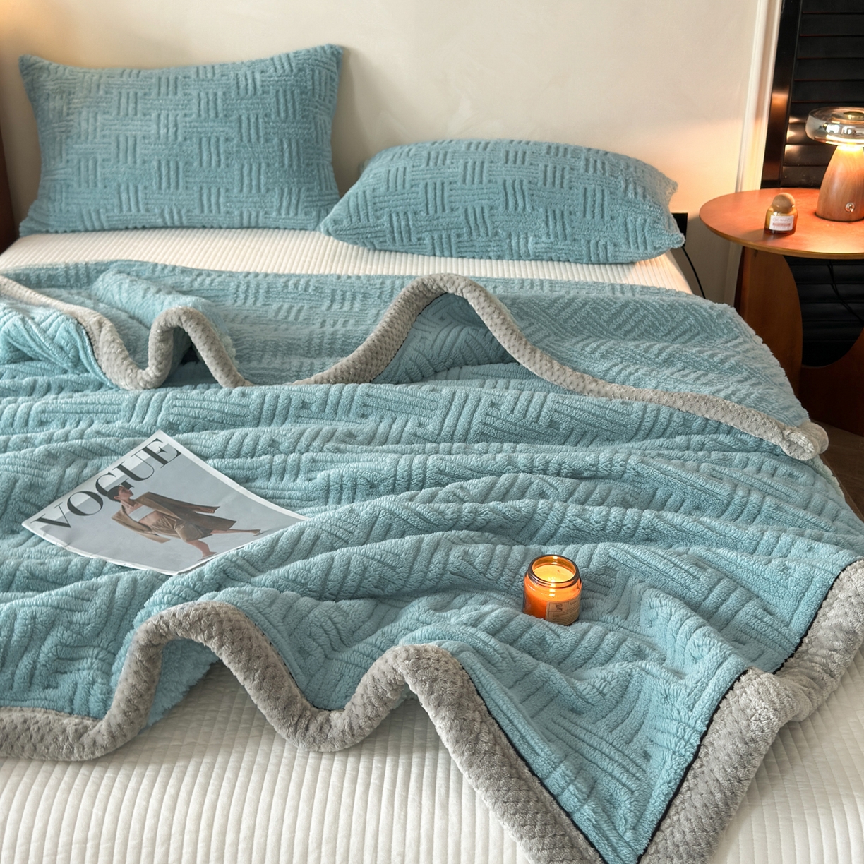 91家纺网 家纺一手货源 找家纺 欧邦 2025新款A类提花舒棉绒双面绒单层毯 半岛蓝