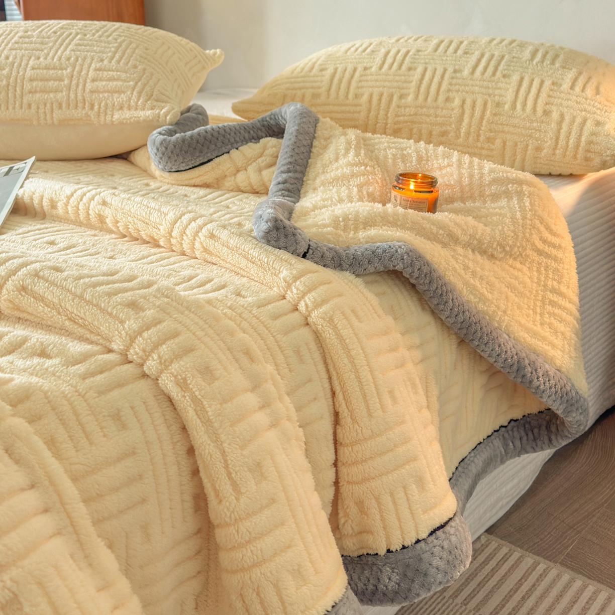 91家纺网 家纺一手货源 找家纺 欧邦 2025新款A类提花舒棉绒双面绒单层毯 稻香黄