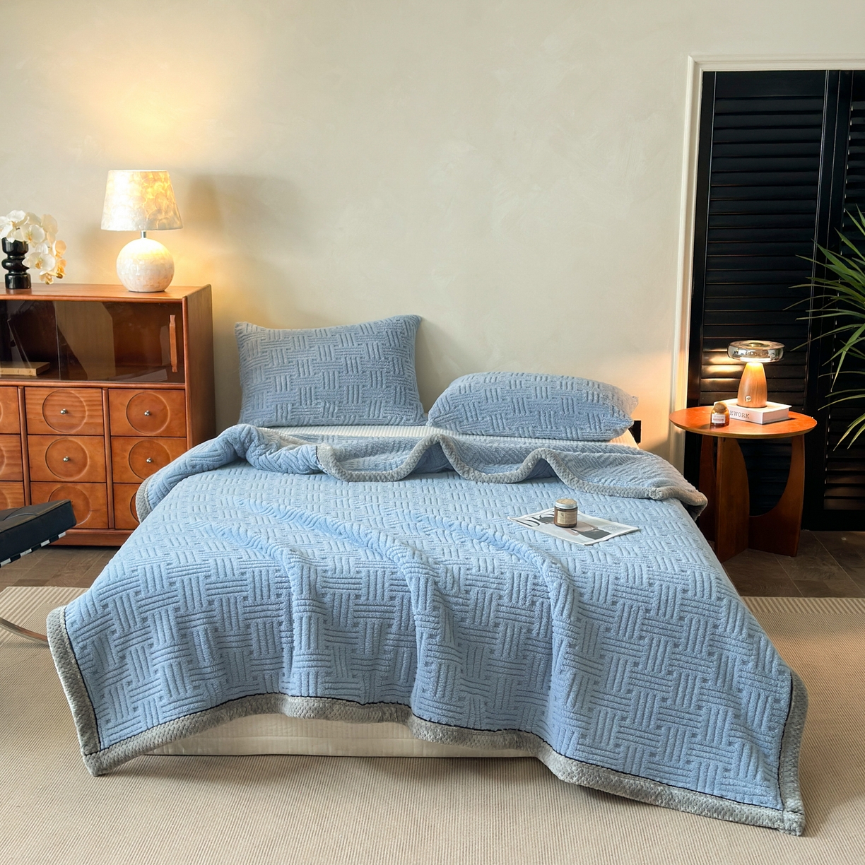 91家纺网 家纺一手货源 找家纺 欧邦 2025新款A类提花舒棉绒双面绒单层毯 贵族蓝