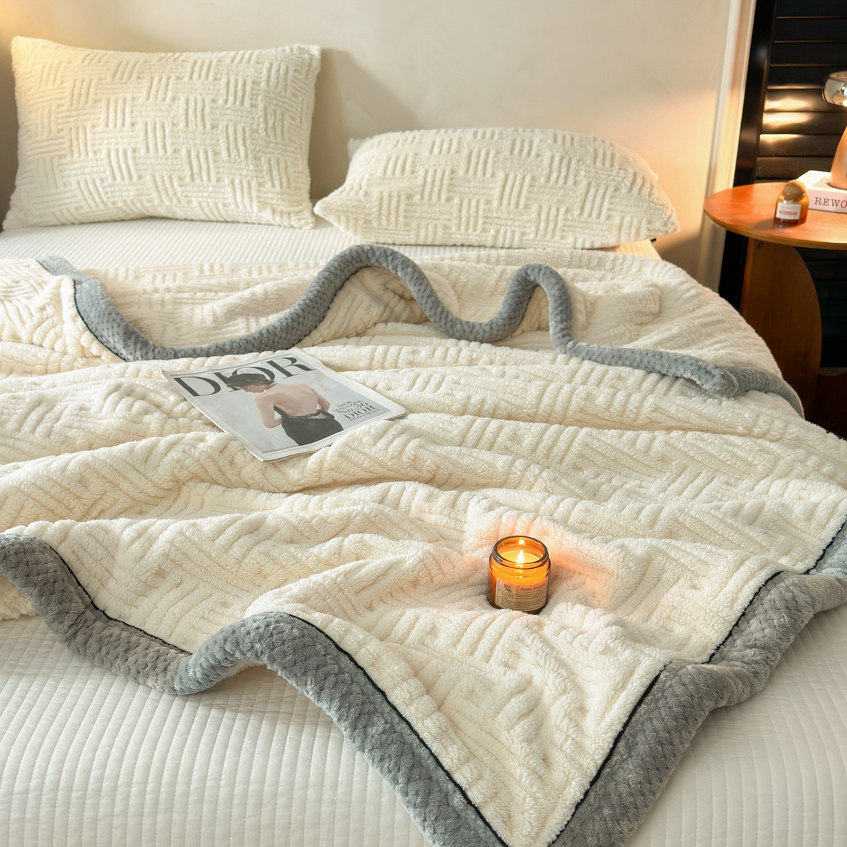 91家纺网 家纺一手货源 找家纺 欧邦 2025新款A类提花舒棉绒双面绒单层毯 暖米杏