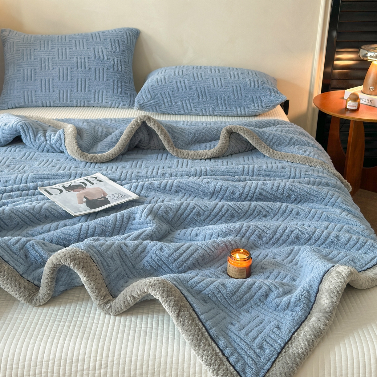 91家纺网 家纺一手货源 找家纺 欧邦 2025新款A类提花舒棉绒双面绒单层毯 贵族蓝