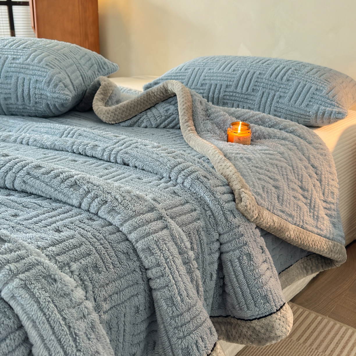 91家纺网 家纺一手货源 找家纺 欧邦 2025新款A类提花舒棉绒双面绒单层毯 冰川灰