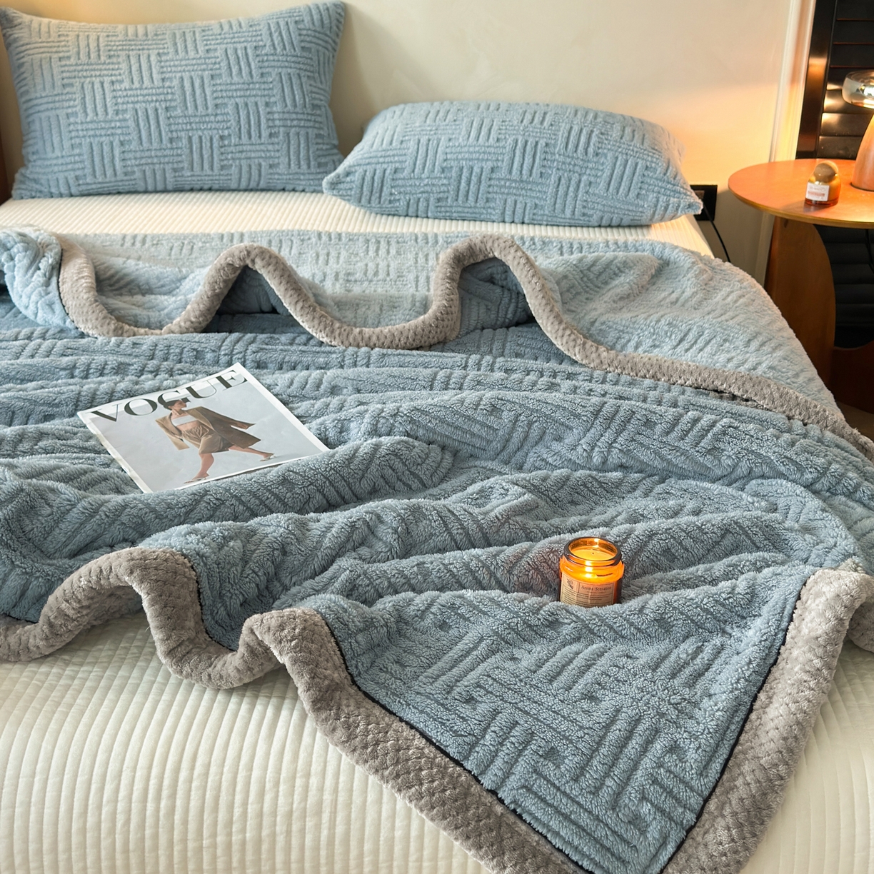 91家纺网 家纺一手货源 找家纺 欧邦 2025新款A类提花舒棉绒双面绒单层毯 冰川灰