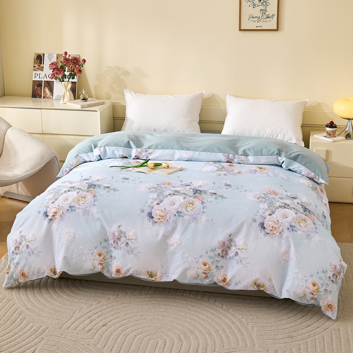 91家纺网 家纺一手货源 找家纺 元元家居（元元被业） 2025秋冬新款全棉纯棉磨毛印花四件套 玫瑰花绣