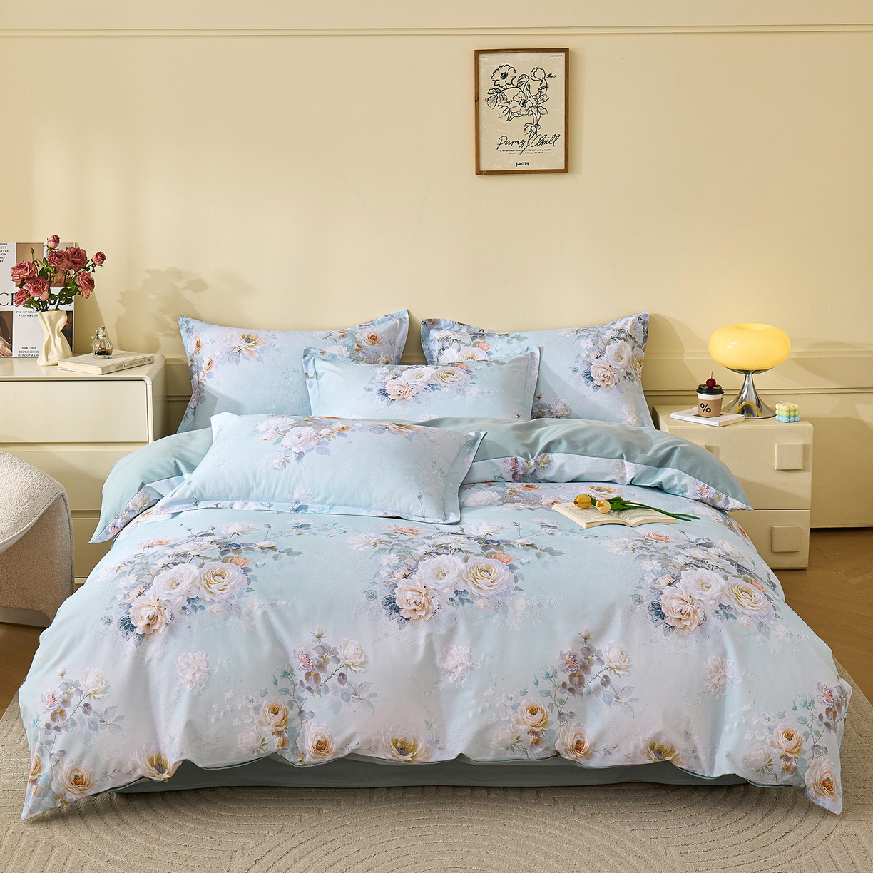 91家纺网 家纺一手货源 找家纺 元元家居（元元被业） 2025秋冬新款全棉纯棉磨毛印花四件套 玫瑰花绣