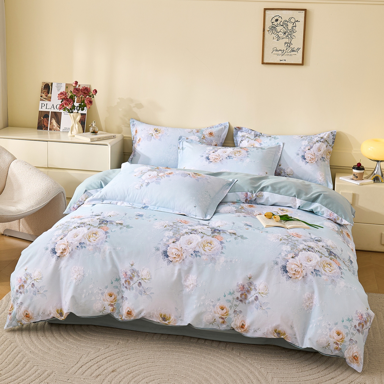 91家纺网 家纺一手货源 找家纺 元元家居（元元被业） 2025秋冬新款全棉纯棉磨毛印花四件套 玫瑰花绣