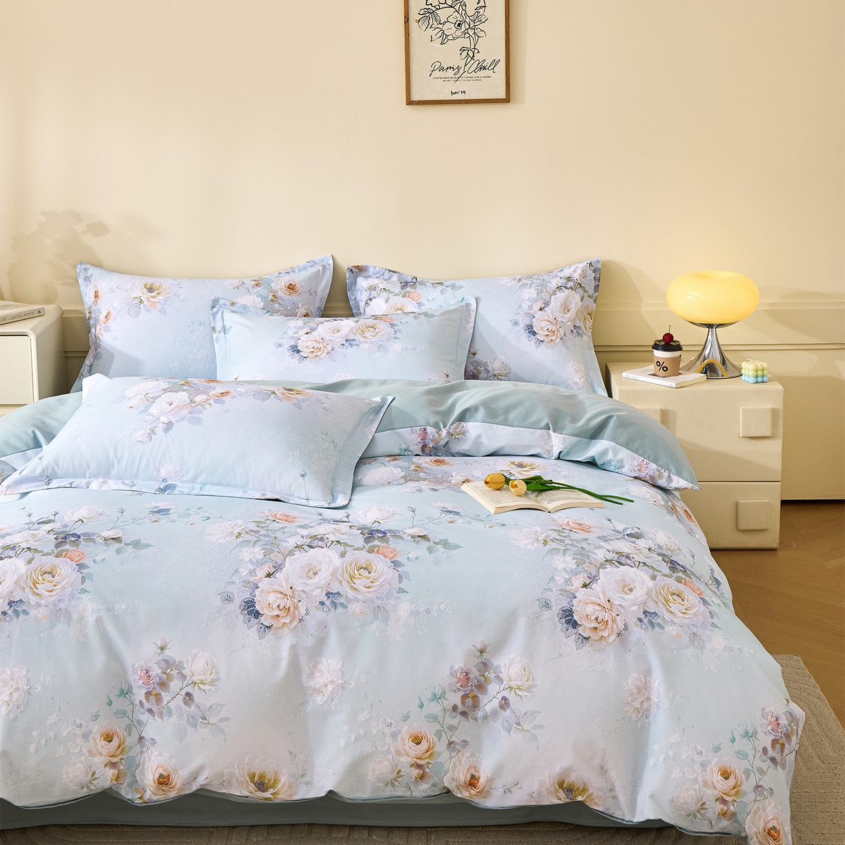 91家纺网 家纺一手货源 找家纺 元元家居（元元被业） 2025秋冬新款全棉纯棉磨毛印花四件套 玫瑰花绣