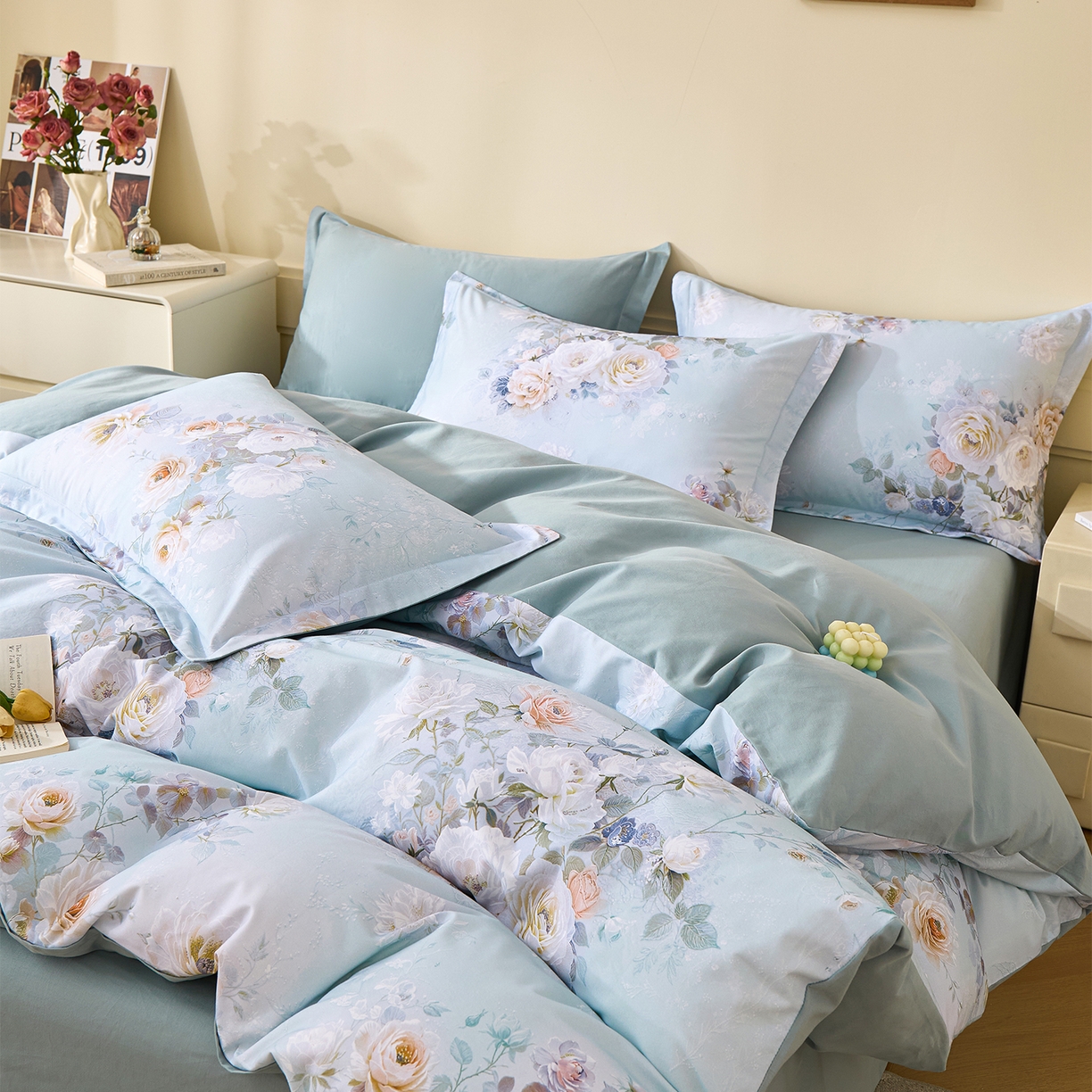 91家纺网 家纺一手货源 找家纺 元元家居（元元被业） 2025秋冬新款全棉纯棉磨毛印花四件套 玫瑰花绣