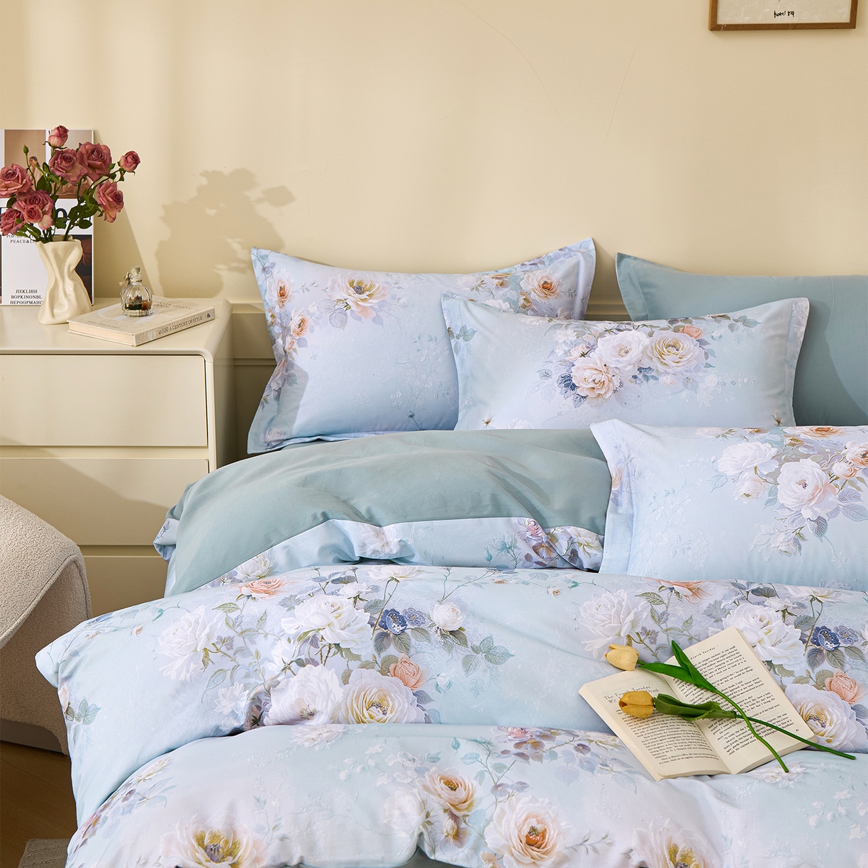 91家纺网 家纺一手货源 找家纺 元元家居（元元被业） 2025秋冬新款全棉纯棉磨毛印花四件套 玫瑰花绣