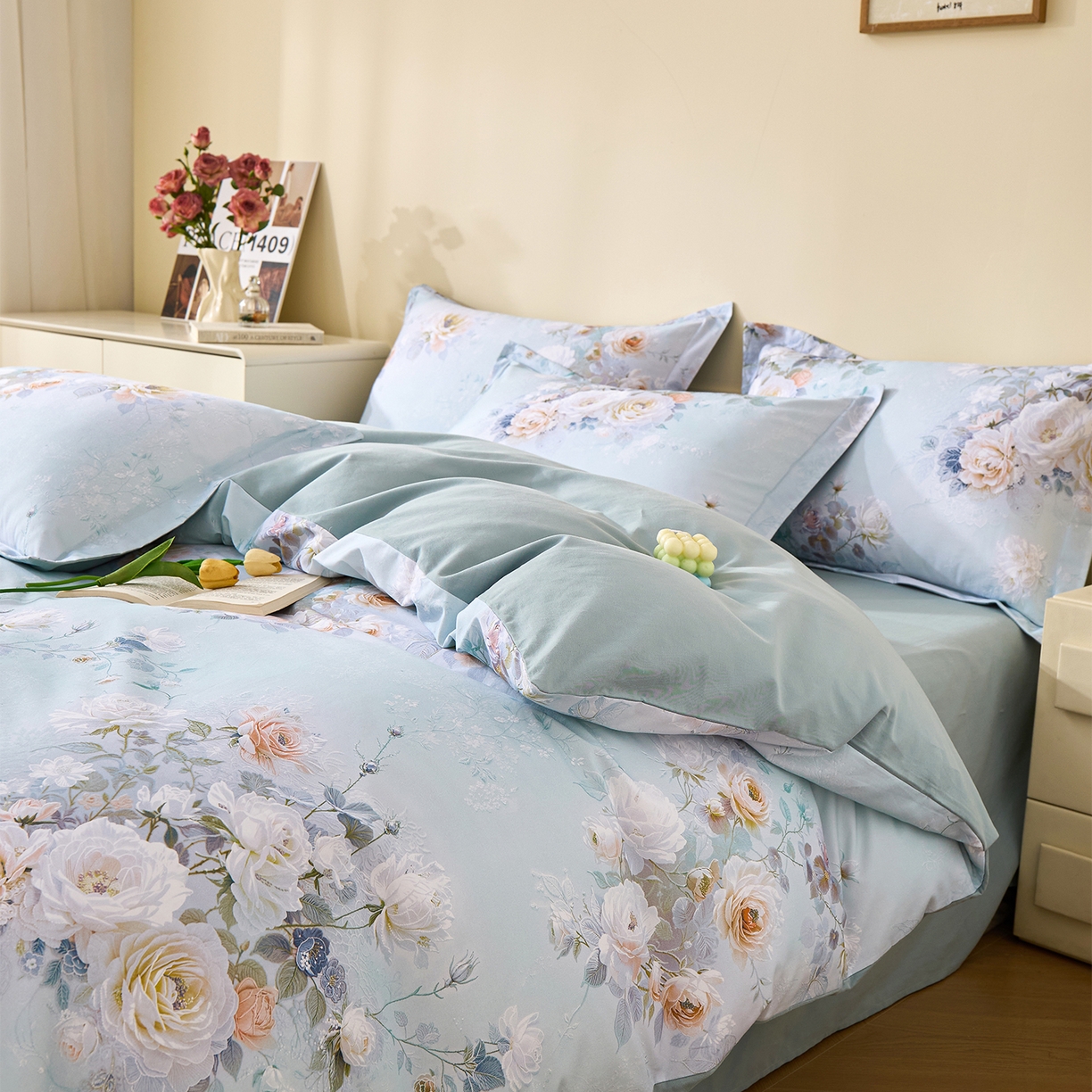 91家纺网 家纺一手货源 找家纺 元元家居（元元被业） 2025秋冬新款全棉纯棉磨毛印花四件套 玫瑰花绣