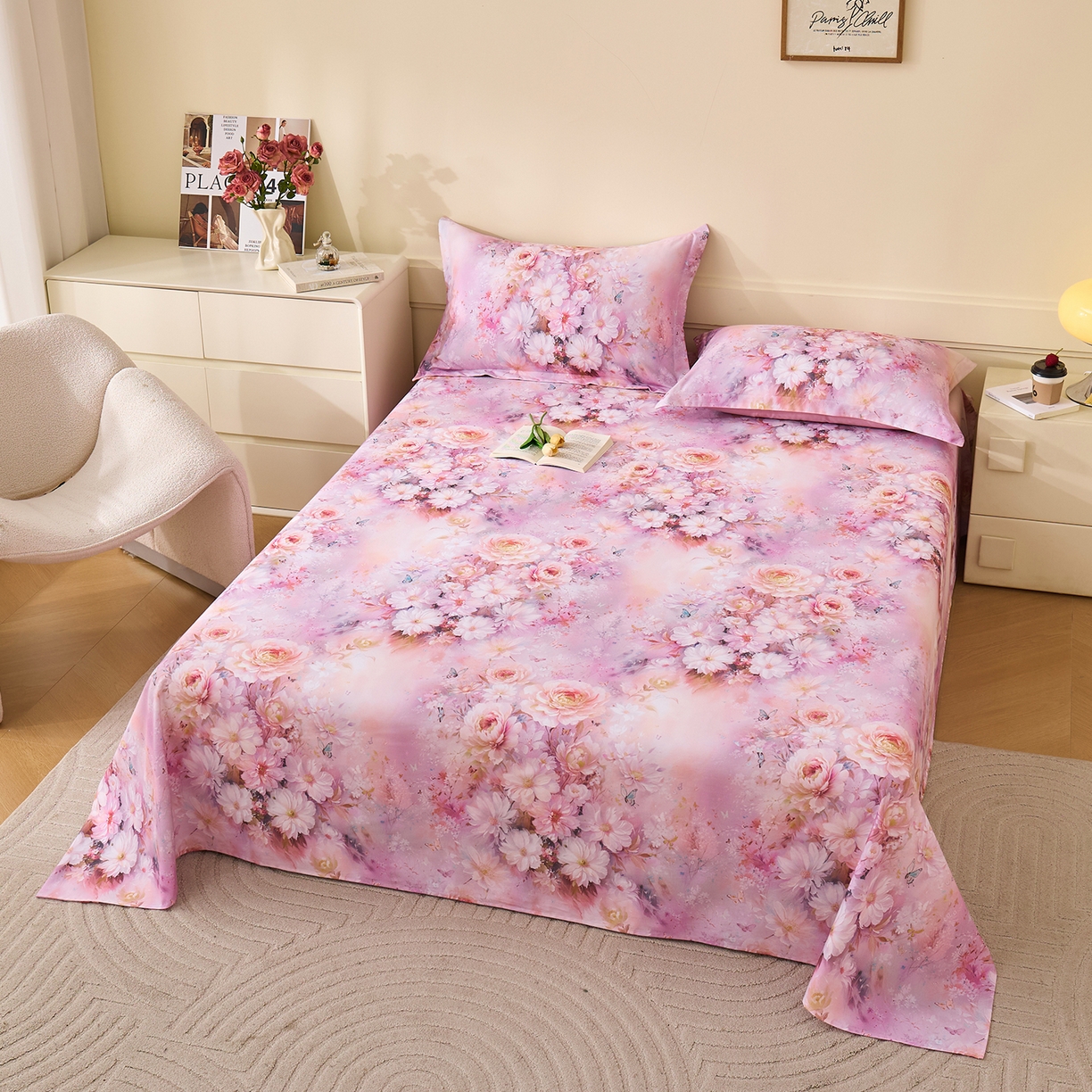 91家纺网 家纺一手货源 找家纺 元元家居（元元被业） 2025秋冬新款全棉纯棉磨毛印花单床单 花妍悦粉