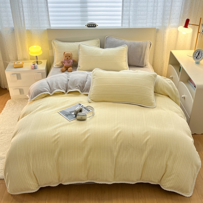 91家纺网 家纺一手货源 找家纺 小叮当家纺仓储工厂店 2025新款亲肤舒适成品提花包边牛奶绒四件套-提花 提花-黄灰