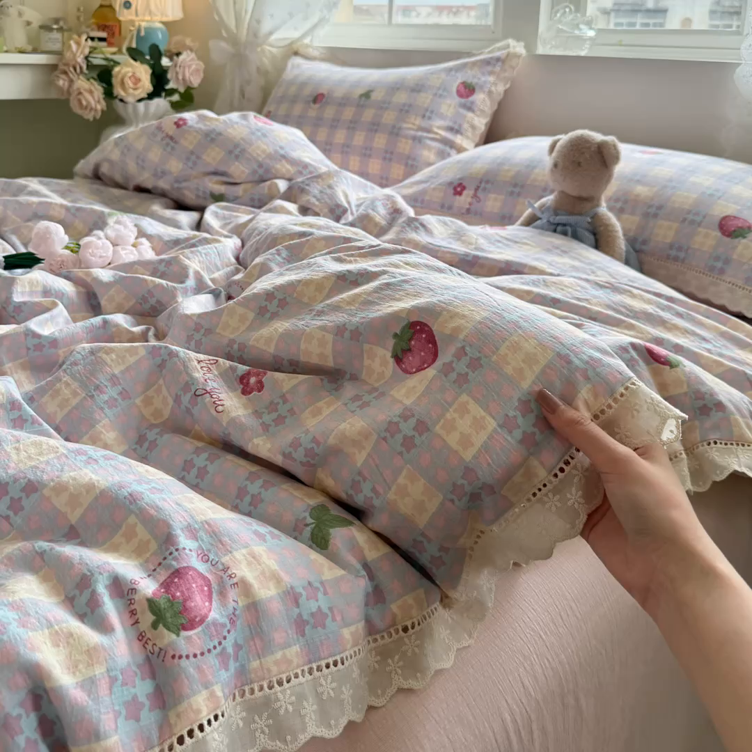 91家纺网 家纺一手货源 找家纺 （总）澜妃 2025新款云感双层纱镂空花边四件套