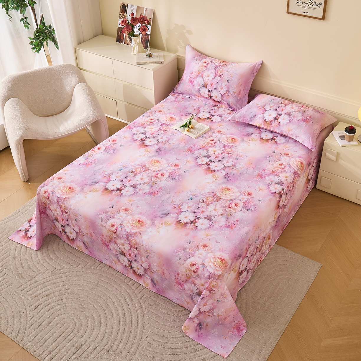 91家纺网 家纺一手货源 找家纺 元元家居（元元被业） 2025秋冬新款全棉纯棉磨毛印花单床单 花妍悦粉