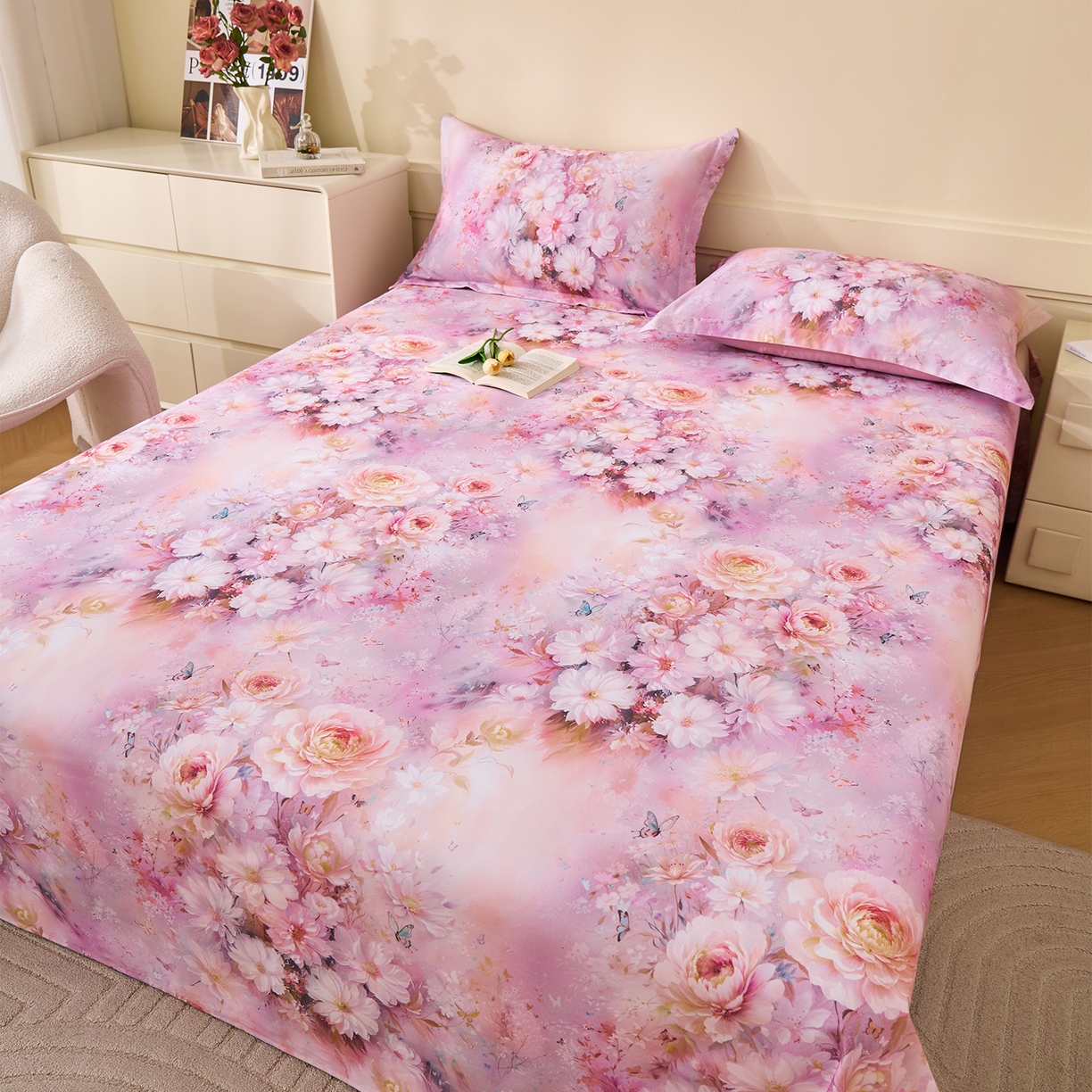 91家纺网 家纺一手货源 找家纺 元元家居（元元被业） 2025秋冬新款全棉纯棉磨毛印花单床单 花妍悦粉