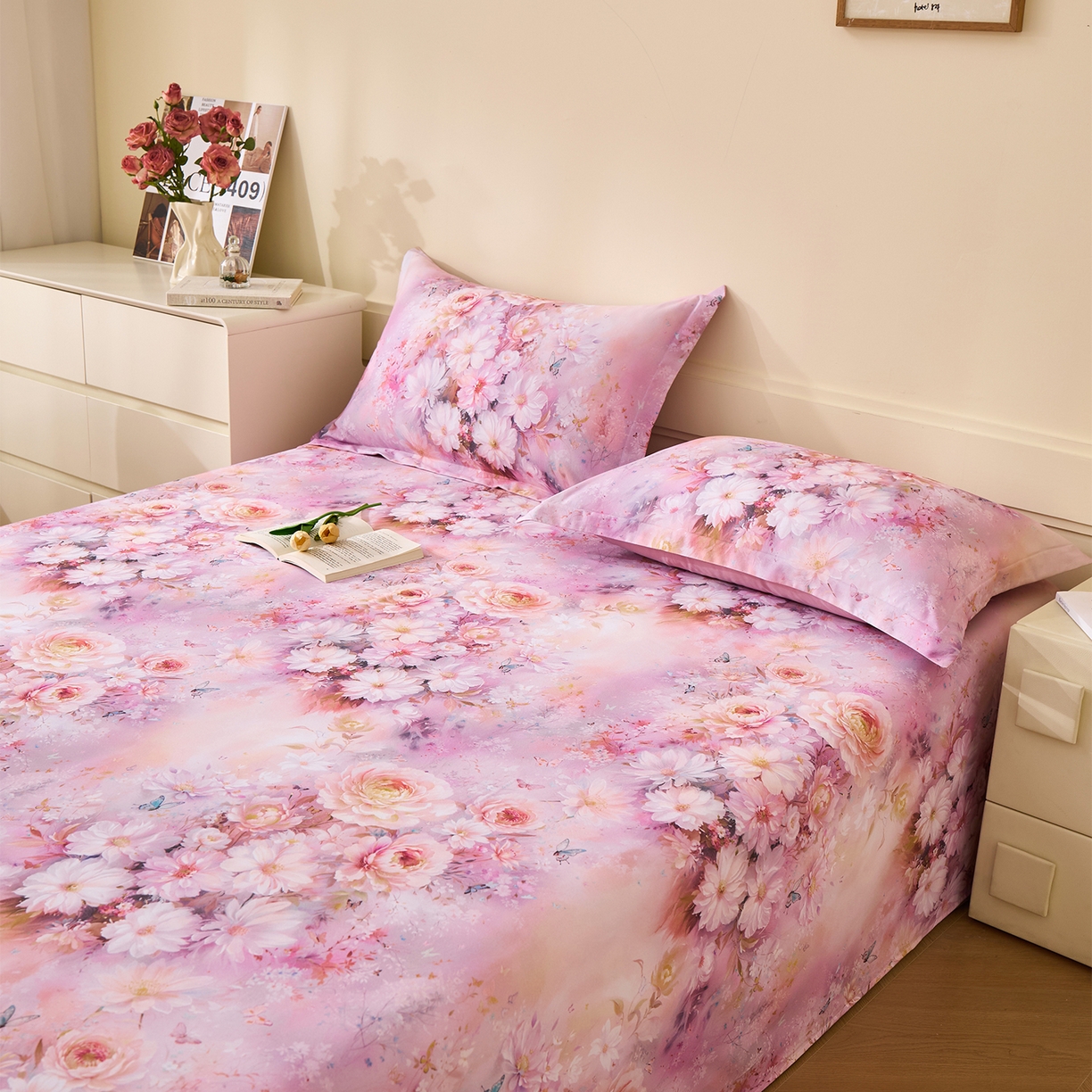 91家纺网 家纺一手货源 找家纺 元元家居（元元被业） 2025秋冬新款全棉纯棉磨毛印花单床单 花妍悦粉