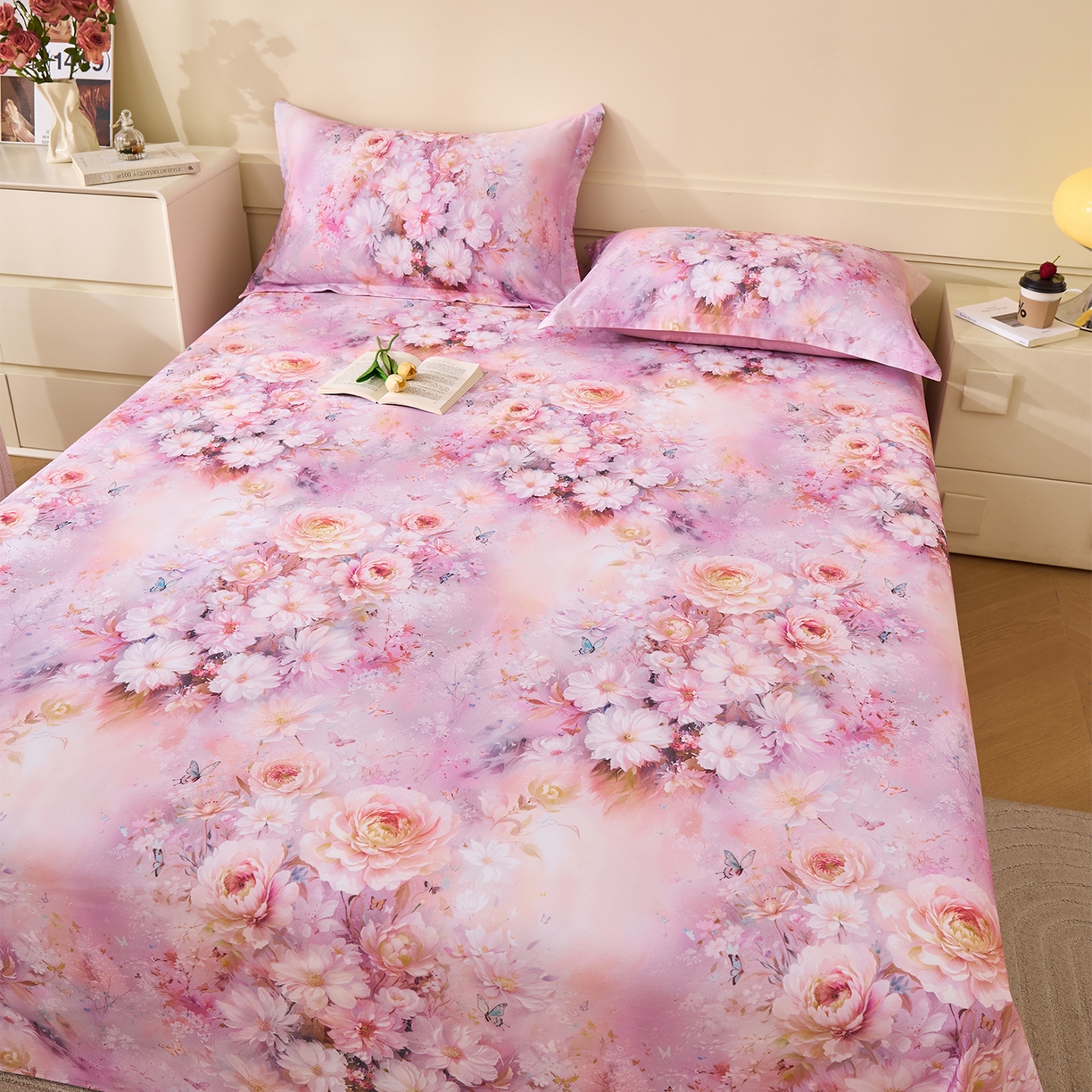 91家纺网 家纺一手货源 找家纺 元元家居（元元被业） 2025秋冬新款全棉纯棉磨毛印花单床单 花妍悦粉