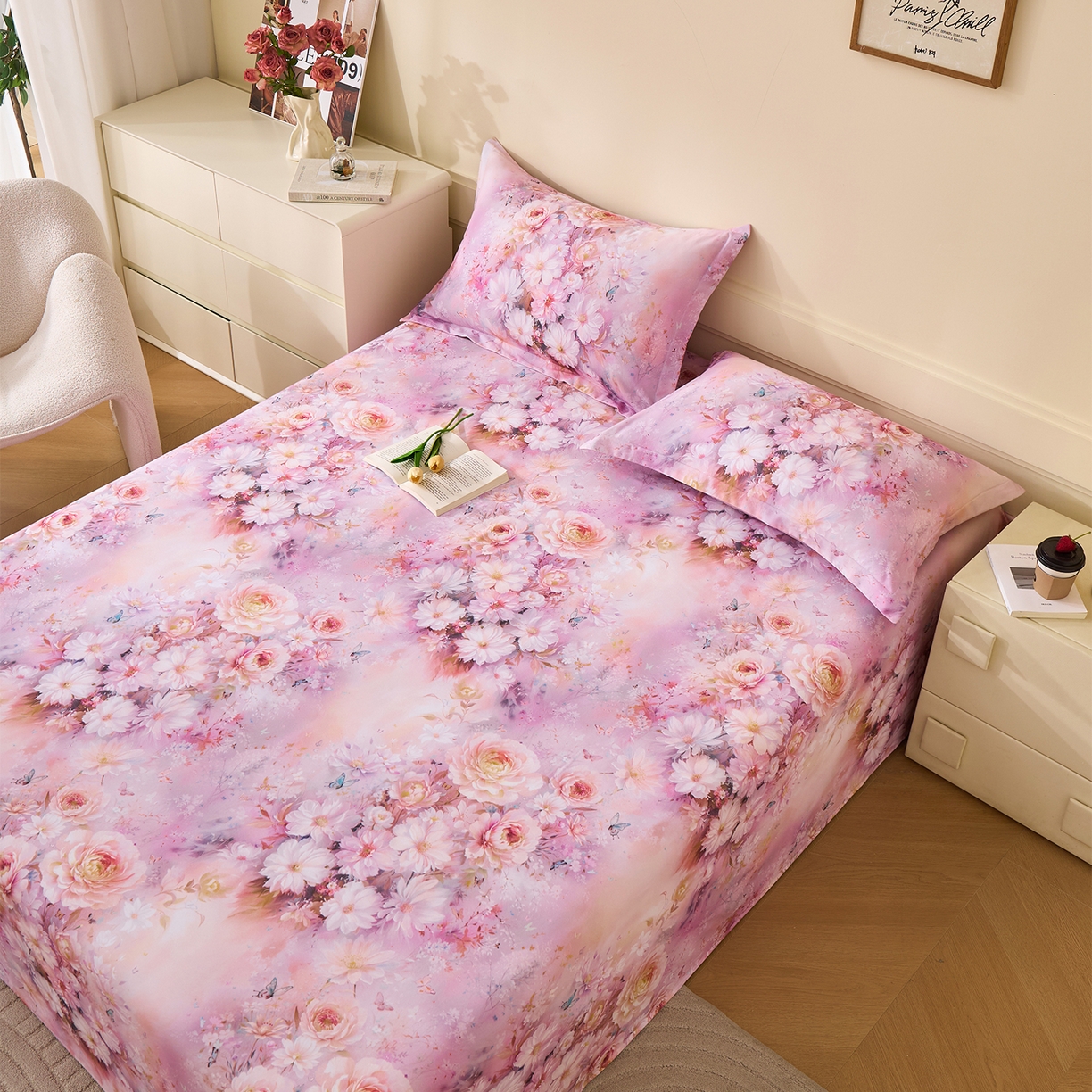 91家纺网 家纺一手货源 找家纺 元元家居（元元被业） 2025秋冬新款全棉纯棉磨毛印花单床单 花妍悦粉