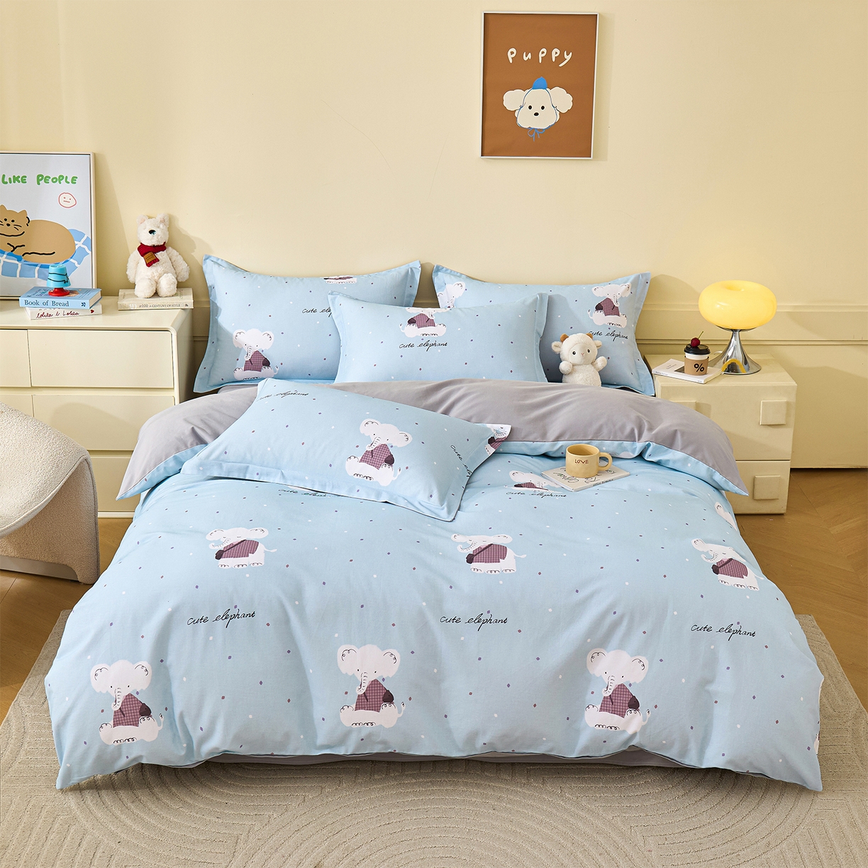 91家纺网 家纺一手货源 找家纺 元元家居（元元被业） 2025秋冬新款全棉纯棉磨毛印花四件套 小奶象