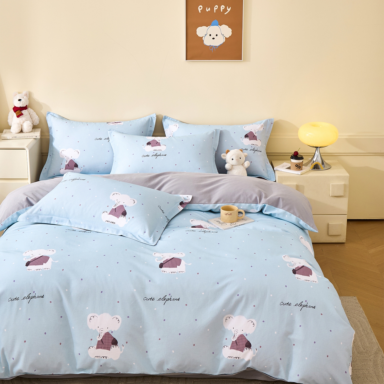 91家纺网 家纺一手货源 找家纺 元元家居（元元被业） 2025秋冬新款全棉纯棉磨毛印花四件套 小奶象