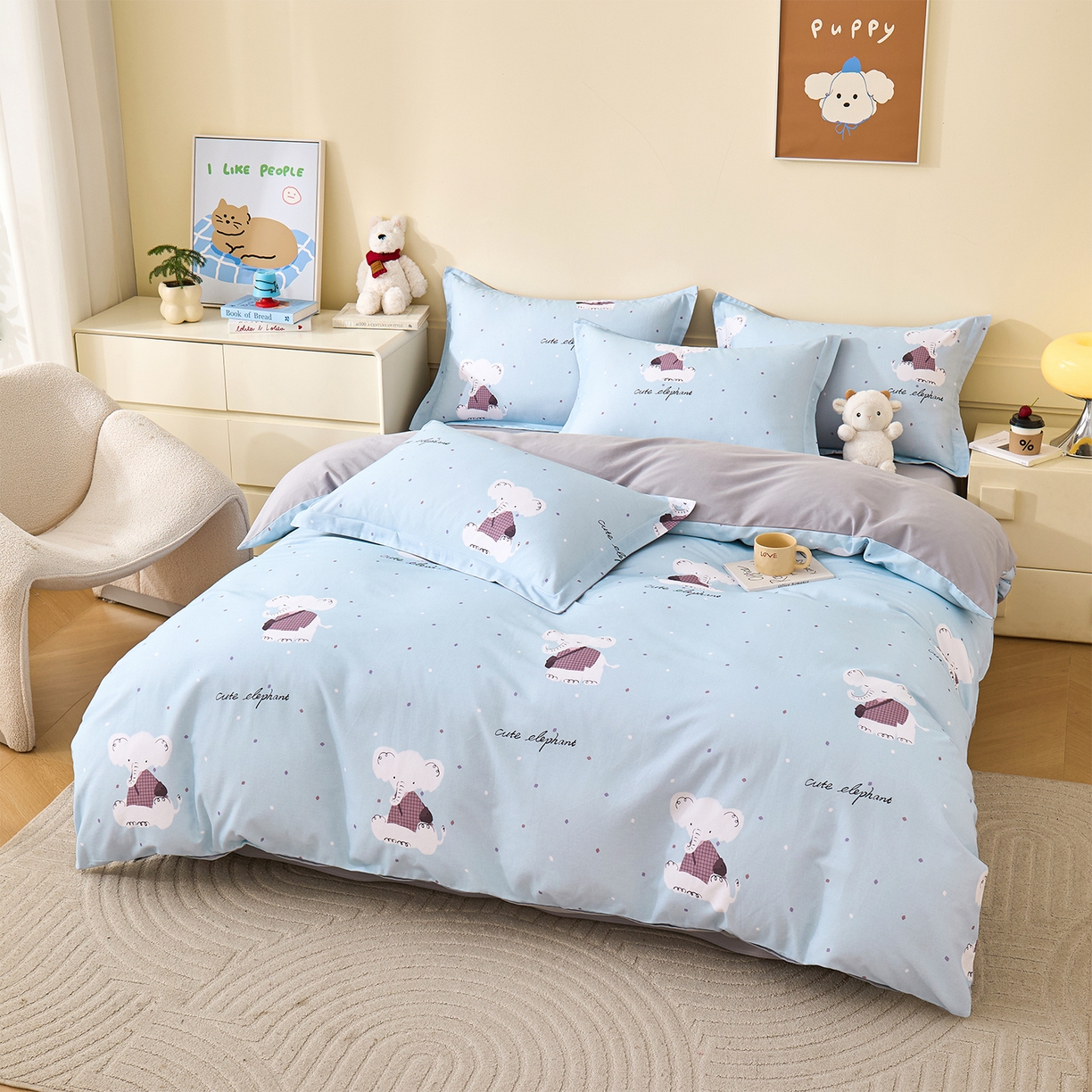 91家纺网 家纺一手货源 找家纺 元元家居（元元被业） 2025秋冬新款全棉纯棉磨毛印花四件套 小奶象