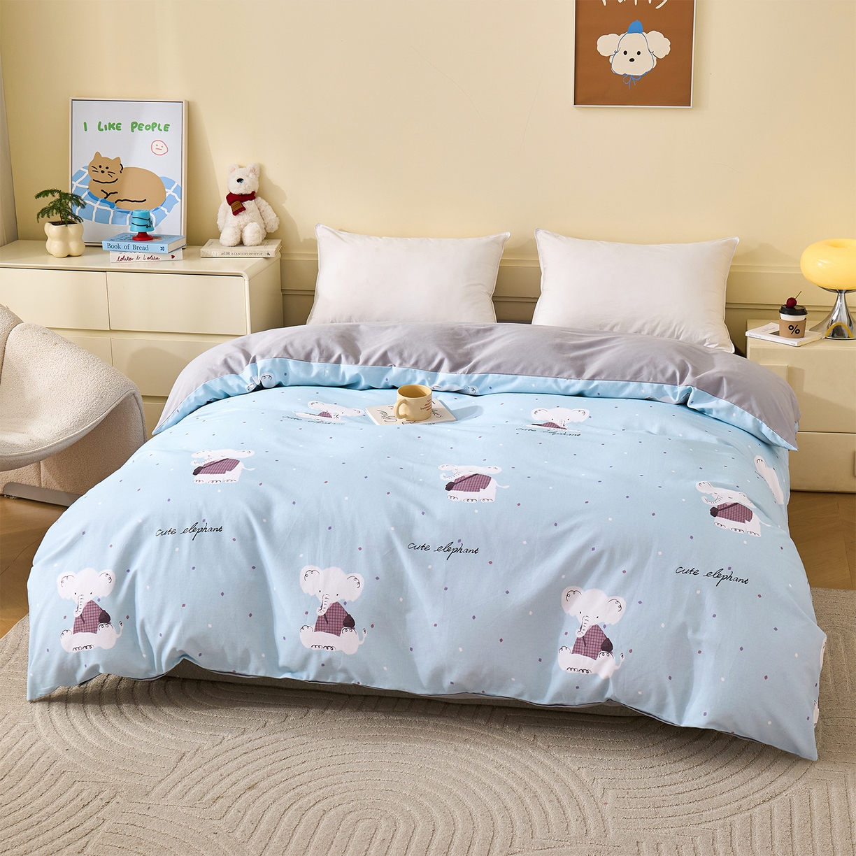 91家纺网 家纺一手货源 找家纺 元元家居（元元被业） 2025秋冬新款全棉纯棉磨毛印花四件套 小奶象