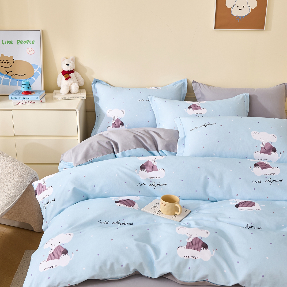 91家纺网 家纺一手货源 找家纺 元元家居（元元被业） 2025秋冬新款全棉纯棉磨毛印花四件套 小奶象