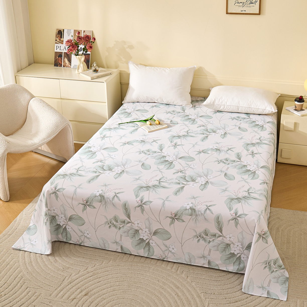 91家纺网 家纺一手货源 找家纺 元元家居（元元被业） 2025秋冬新款全棉纯棉磨毛印花单床单 落叶白霜