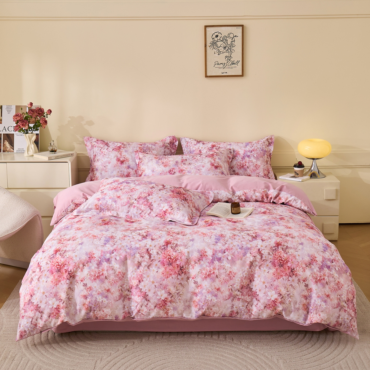 91家纺网 家纺一手货源 找家纺 元元家居（元元被业） 2025秋冬新款全棉纯棉磨毛印花四件套 邂逅粉