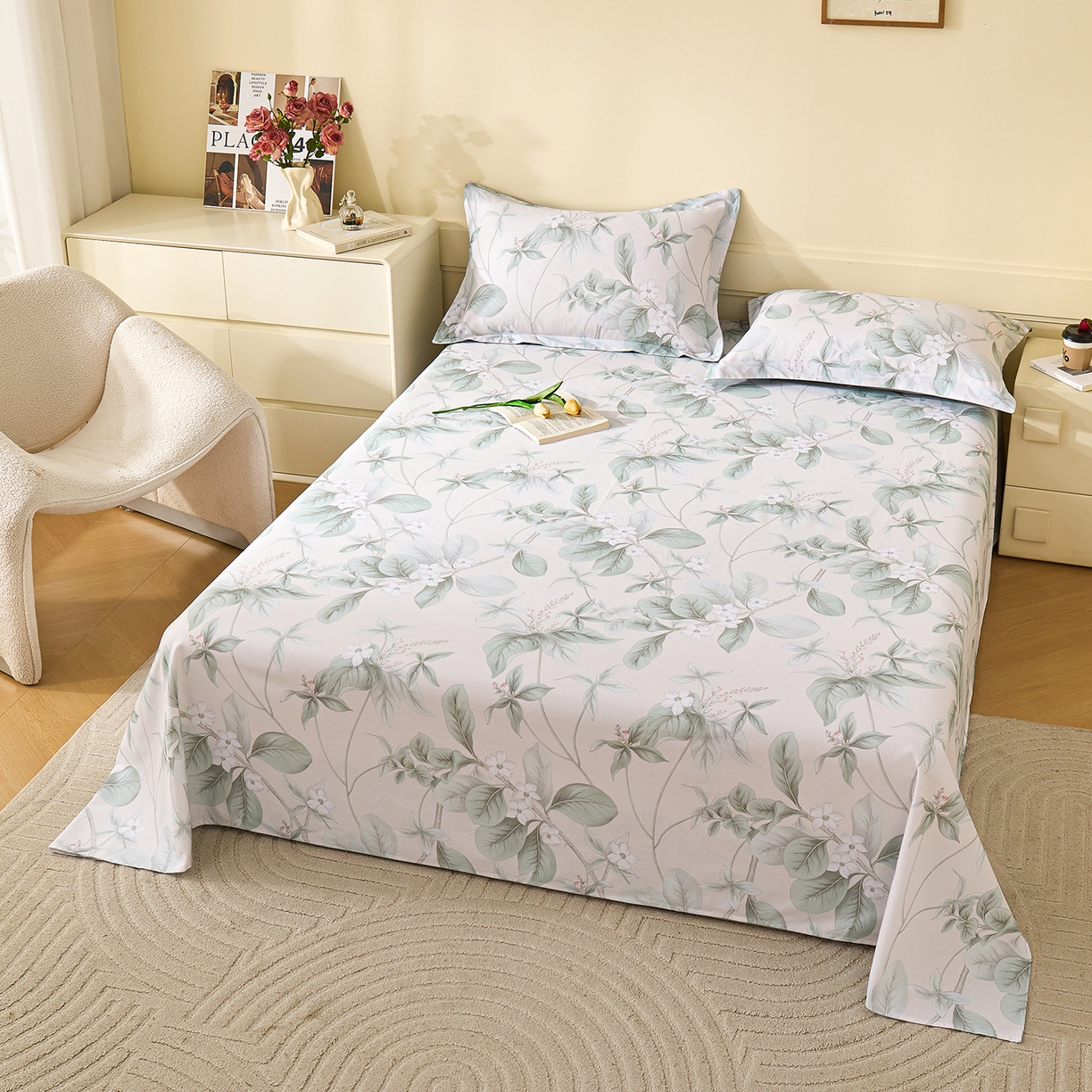 91家纺网 家纺一手货源 找家纺 元元家居（元元被业） 2025秋冬新款全棉纯棉磨毛印花单床单 落叶白霜