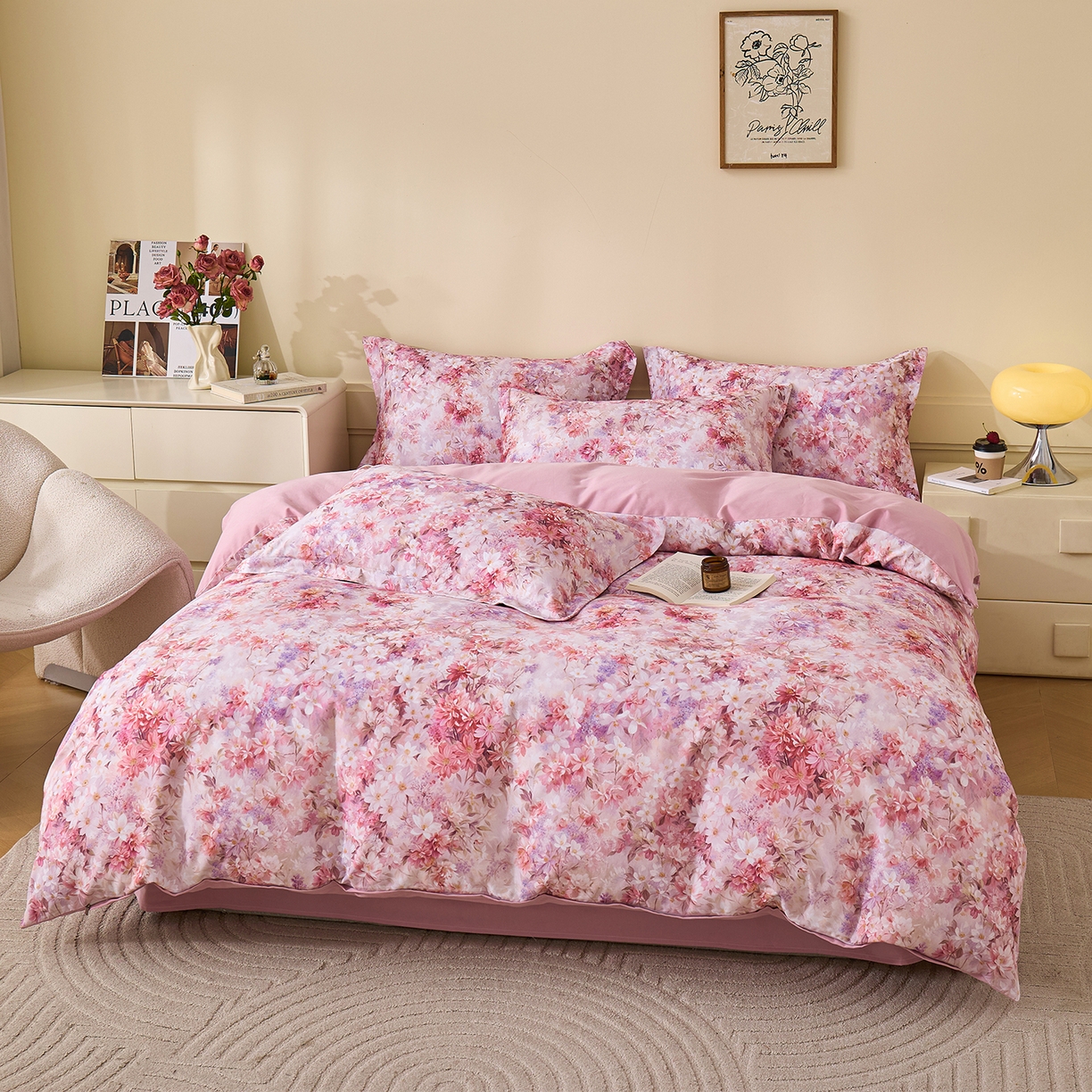 91家纺网 家纺一手货源 找家纺 元元家居（元元被业） 2025秋冬新款全棉纯棉磨毛印花四件套 邂逅粉