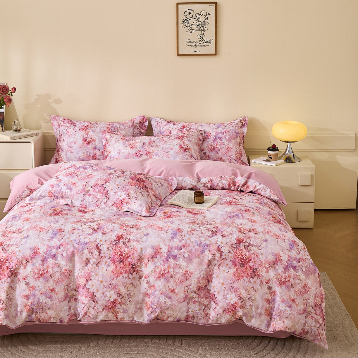 91家纺网 家纺一手货源 找家纺 元元家居（元元被业） 2025秋冬新款全棉纯棉磨毛印花四件套 邂逅粉