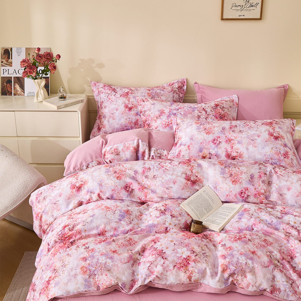 91家纺网 家纺一手货源 找家纺 元元家居（元元被业） 2025秋冬新款全棉纯棉磨毛印花四件套 邂逅粉