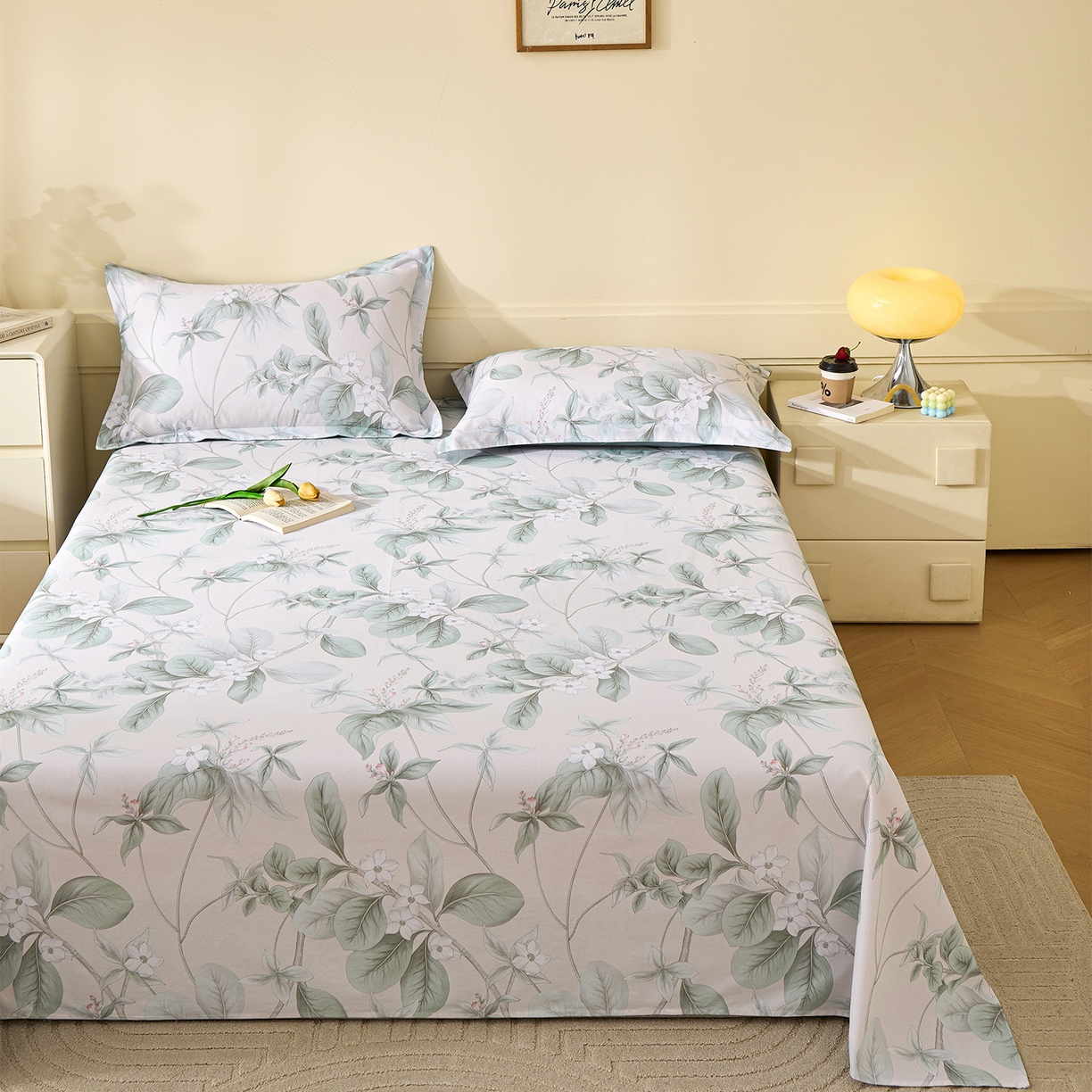 91家纺网 家纺一手货源 找家纺 元元家居（元元被业） 2025秋冬新款全棉纯棉磨毛印花单床单 落叶白霜