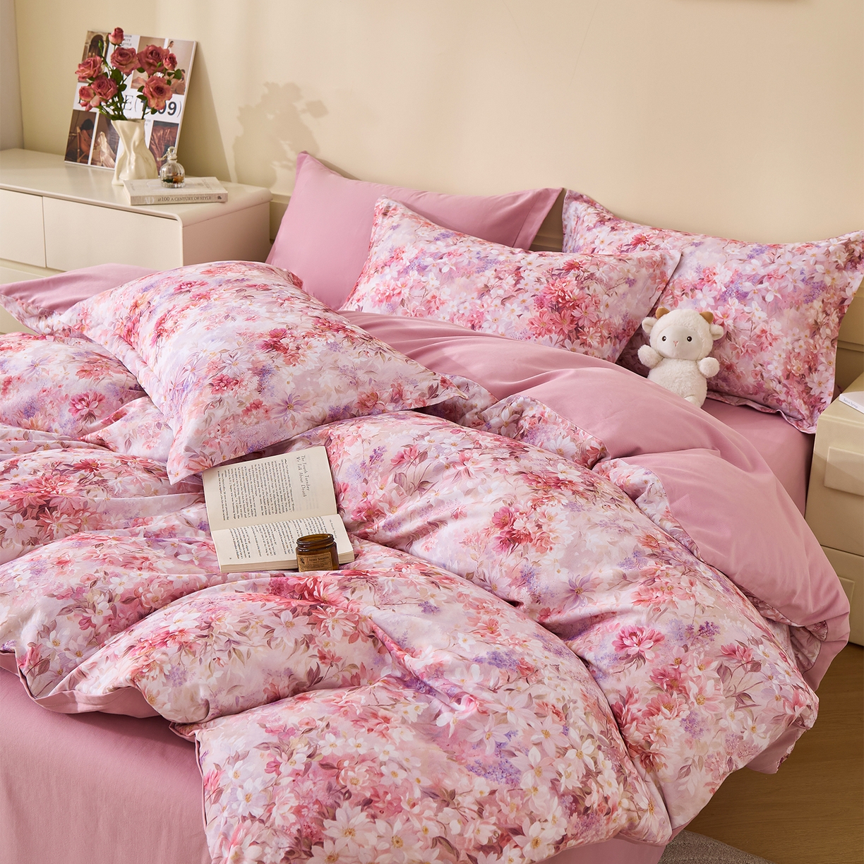 91家纺网 家纺一手货源 找家纺 元元家居（元元被业） 2025秋冬新款全棉纯棉磨毛印花四件套 邂逅粉