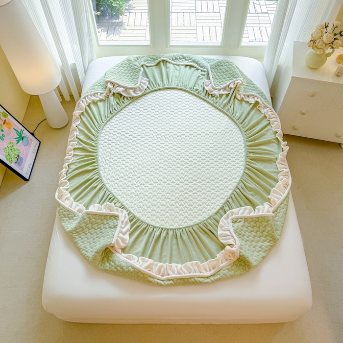 91家纺网 家纺一手货源 找家纺 布柔 2025新款加厚牛奶绒花边床笠保暖印花夹棉床笠床垫保护套罩 果绿