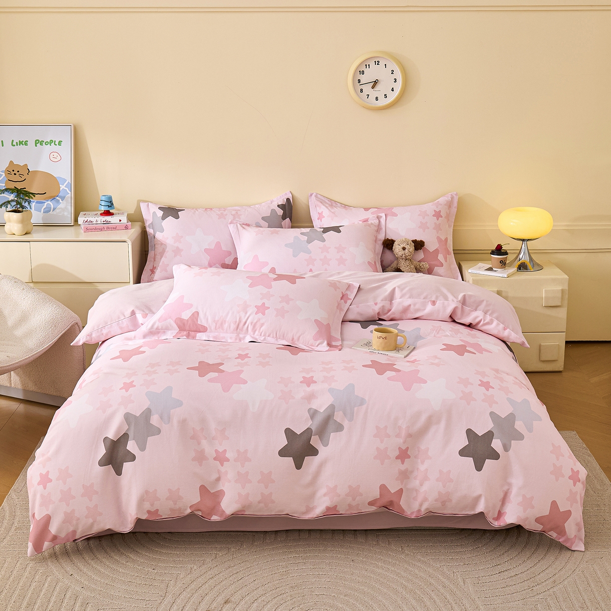 91家纺网 家纺一手货源 找家纺 元元家居（元元被业） 2025秋冬新款全棉纯棉磨毛印花四件套 星星格格