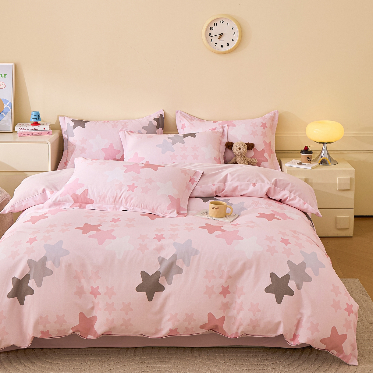 91家纺网 家纺一手货源 找家纺 元元家居（元元被业） 2025秋冬新款全棉纯棉磨毛印花四件套 星星格格